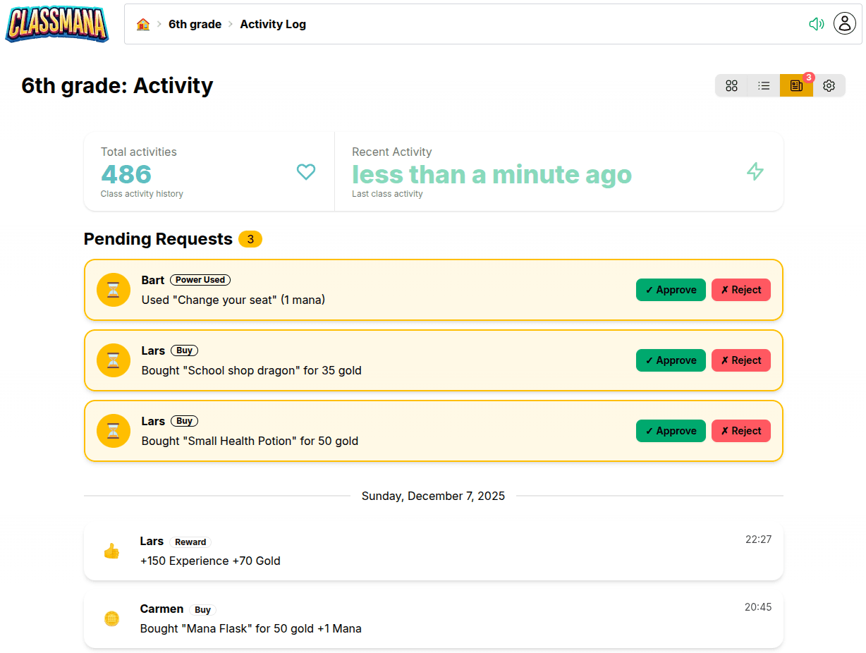 Aktivitetsside med ventende anmodninger
